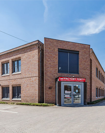 Exterior view of Factory Forty brick building with entrance sign